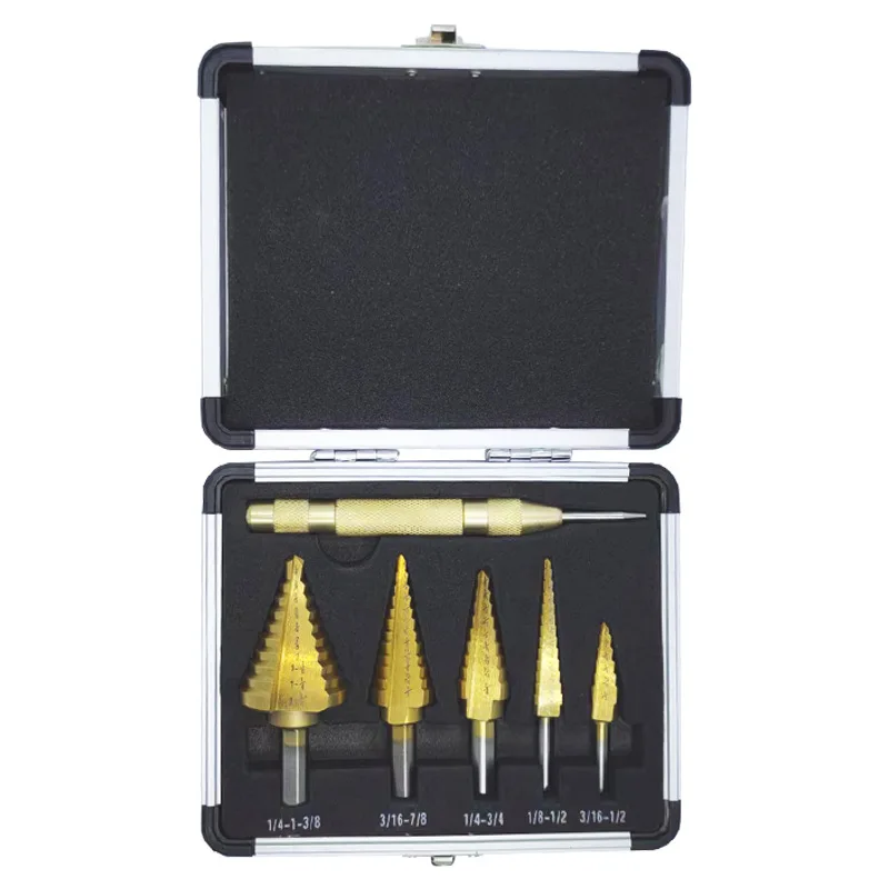 Aluminium Doos Set Van Titanium Geplateerde Stap Boor Pagode Bit 6 Stuks High-Speed Staal Multifunctionele Gat Ruimer