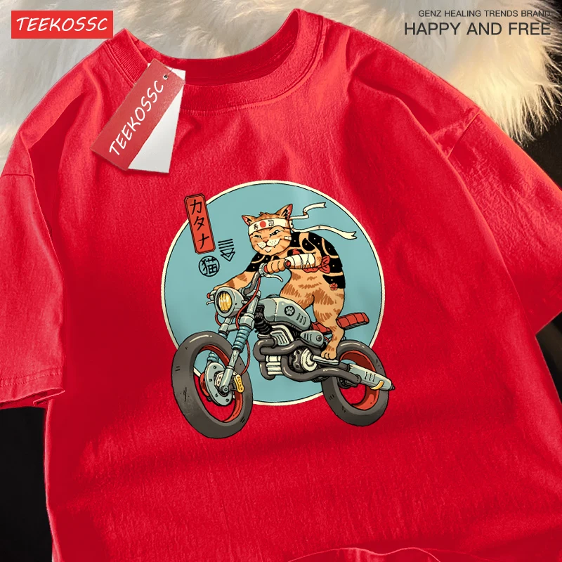 Japanese Harajuku Motorcycle Cat Tops Man Casual Oversize T Shirt Cotton Summer Casual Cartoon Crewneck Loose T Shirts Couple