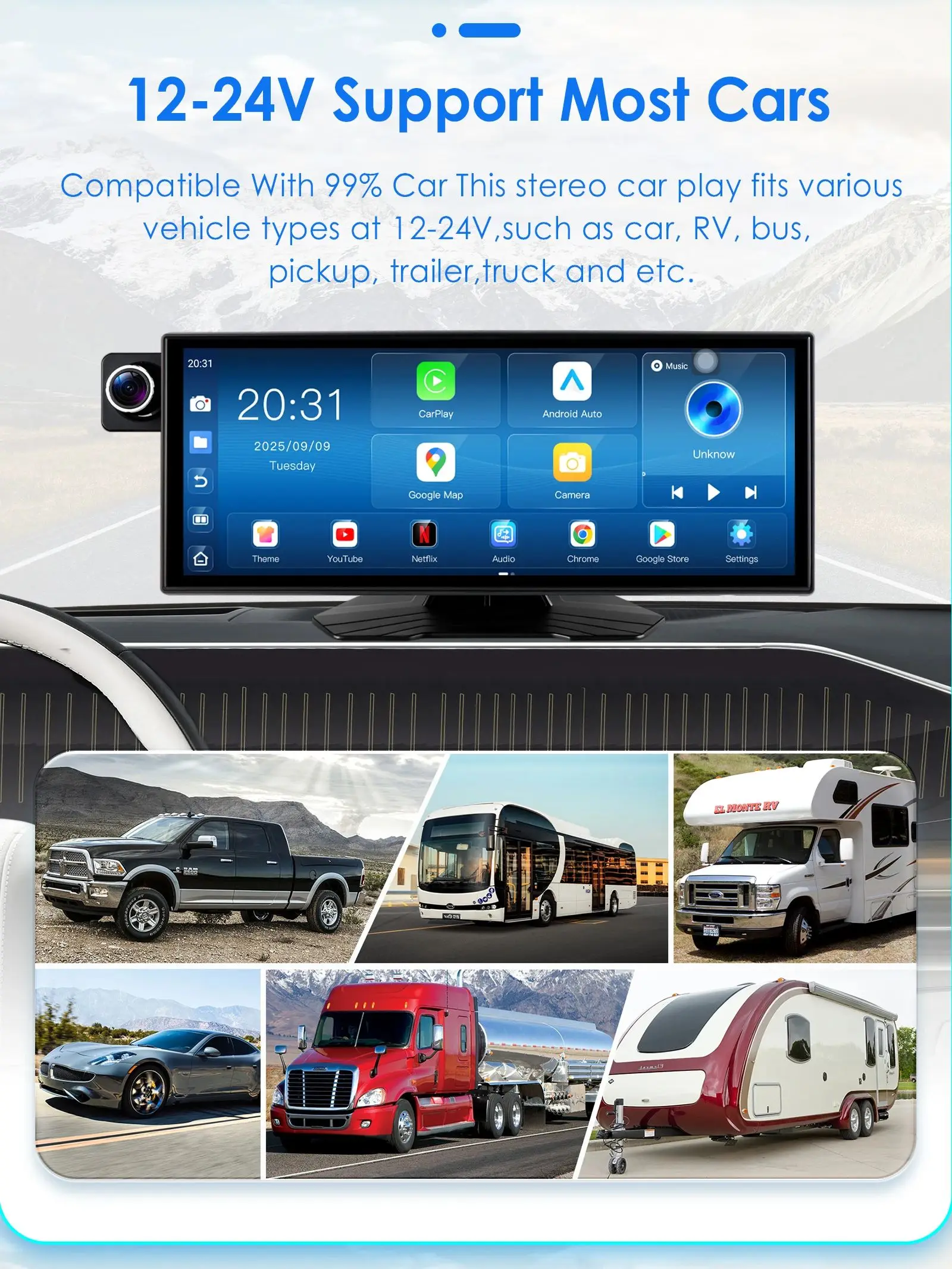 Hizpo 11,4" HD Tragbarer Autoradio Universal Android 14, Auto-Multimedia-GPS-Player, kabellos, Apple Carplay, Android Auto, Bluetooth