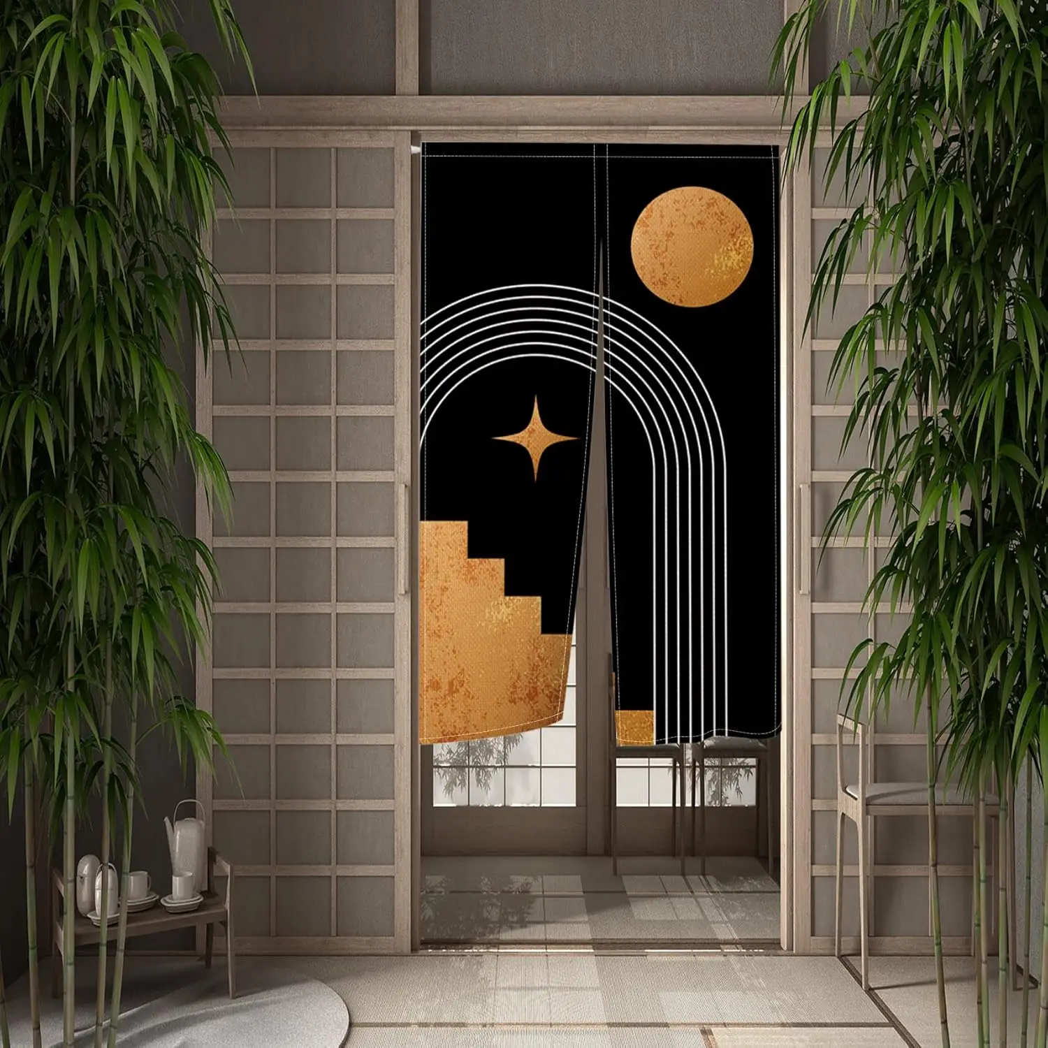 Japanese Mid Century Doorway Curtain Boho Black Golden Arch Star Sun Abstract Curtains Long Type Door Tapestry Panel Bar Kitchen