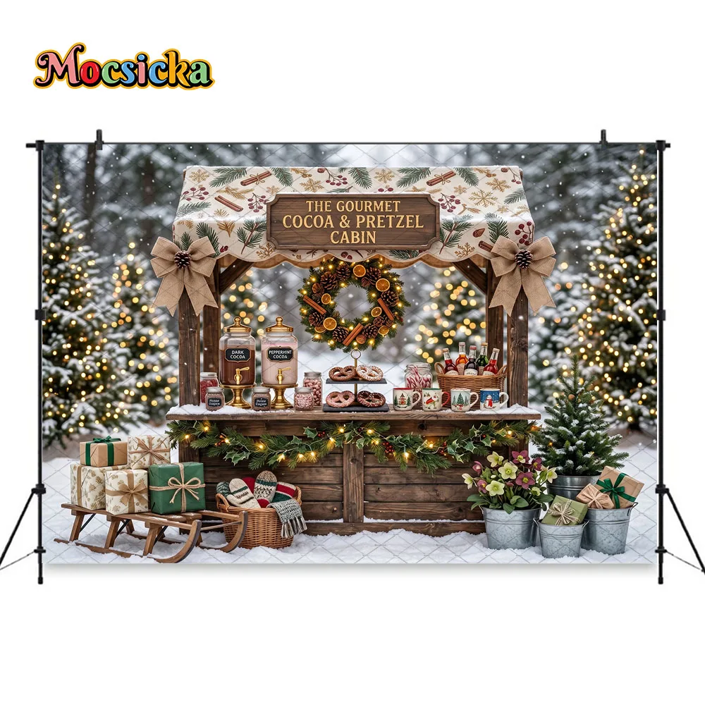 Mocsicka Christmas Market Stall Backdrop Photography Hot Cocoa Station Winter Scene Background Kids Holiday Party Photo Booth