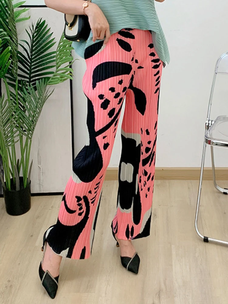 

2022 Summer New Pleated Straight Pants Thin Printing Elegant Temperament High Waist Fashion Trend Trousers Female