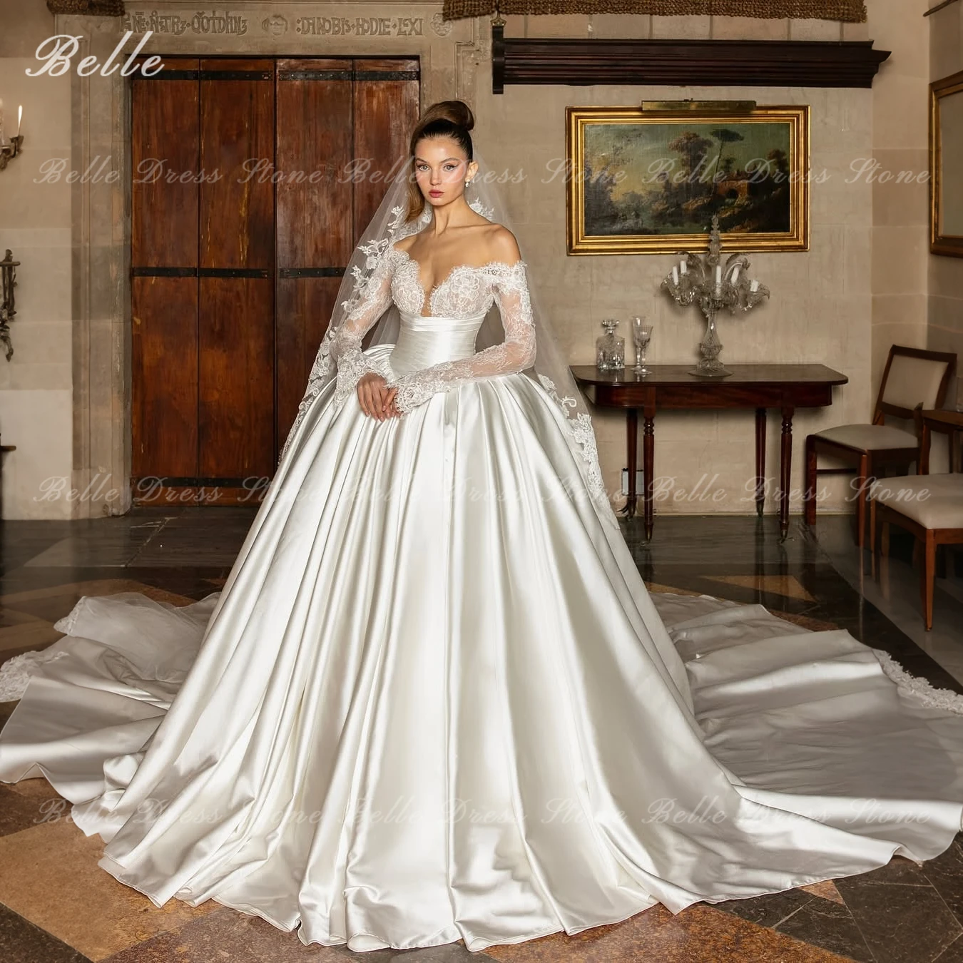 Belle Wedding Dress Off The Shoulder Long Lace Sleeve Satin amanda novias oficial Deep V Neck Cathedral Train Bridal Gown Custom