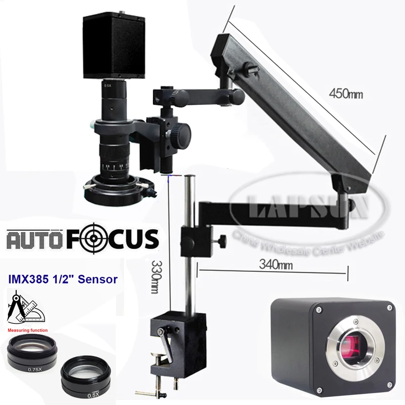 Sony IMX385 60FPS Auto Focus HDMI WDR Video Industry C-Mount Camera Microscope Set Articulating Stand Clamp 0.75X Barlow Lens V2