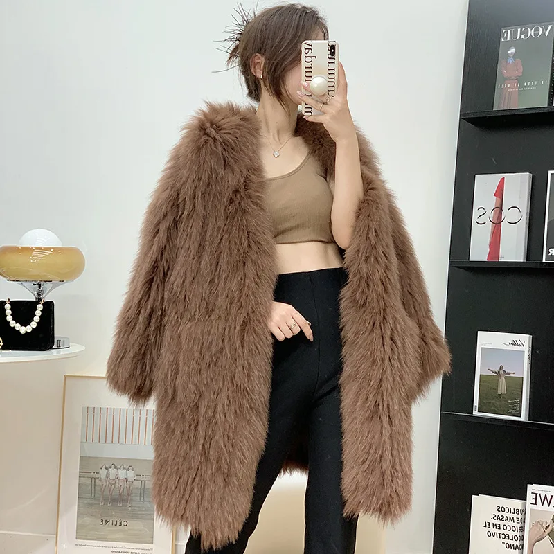 2022 Autumn and Winter New Imported Fox Fur Double-Sided Woven Young Mid-Length Fur Coat Slimming Fur Coat for Women