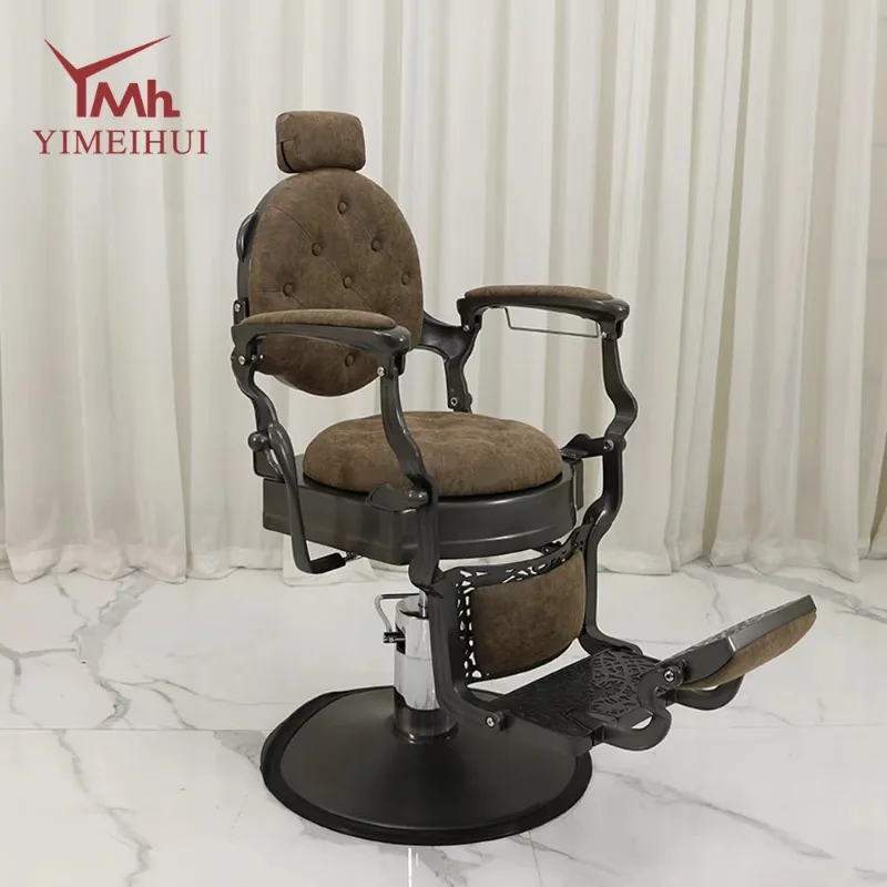 Luxury Recliner Hair Cutting Chair Beauty Barbershop Antique Salon Equipment Furniture Matte Brown Barber Chair with Headrest