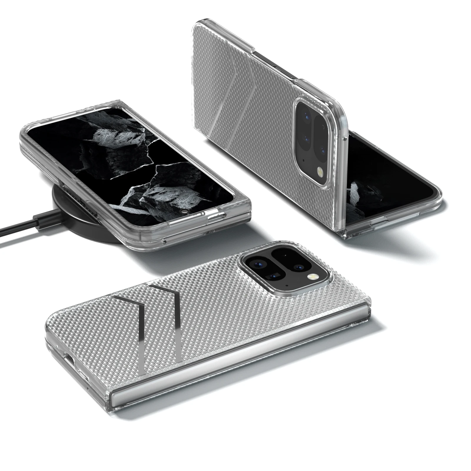 세련된 웨이브 질감 반투명 투명 견고한 케이스, Google Pixel 9 Pro 폴드, 충격 방지 매트 접이식 보호 커버