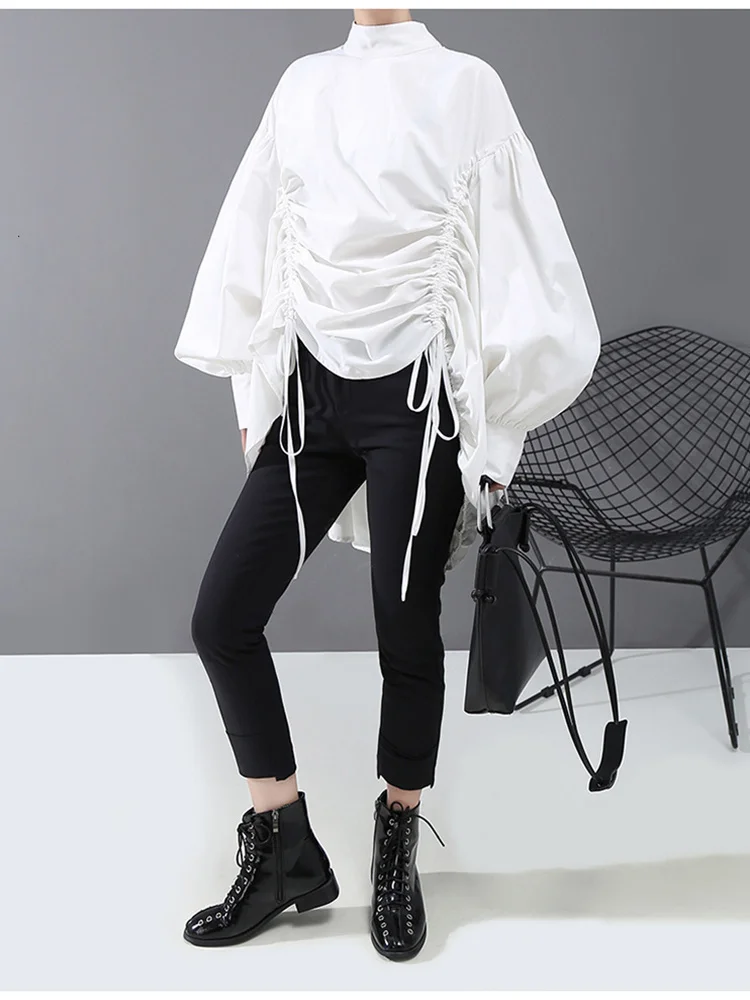 [EAM] Women Back Long Drawstring Big Size Blouse New Satnd Collar Long Sleeve Loose Fit Shirt Fashion Spring Autumn 2024 1N242