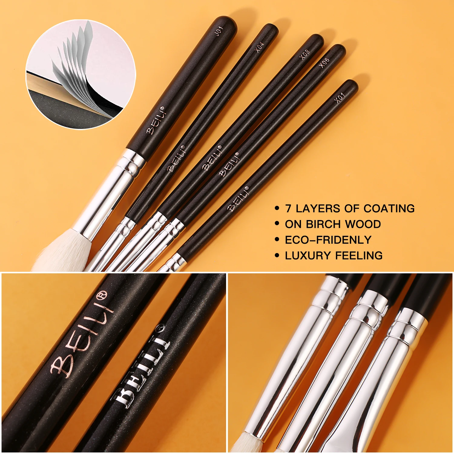 BEILI Professional Makeup Brushes 6Pcs Black Natural Goat Hair Make Up Brush Kit Eyeshadow Blending Eyebrow Eyelash Makeup Tool