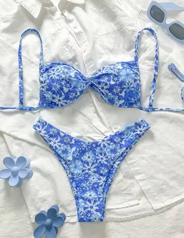 2026 Strappy Thong Bikini Women Printed Floral Swimwear Female Sexy Swimsuit Bathers Bathing Swimming Swim Suit Beachwear