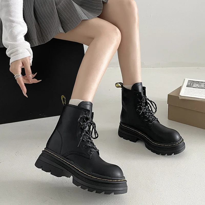 Rock Shoes Woman Med Heel Boots Round Toe  Boots-Women Mid Calf 2024 Autumn Ladies Lolita Mid-Calf Rubber Western Lace-Up Rome R