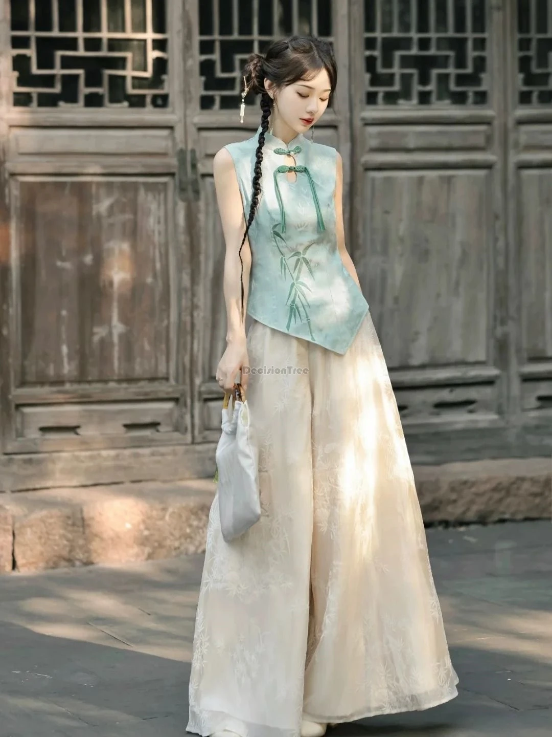 2025 نمط صيني جديد محسّن شيونغسام زر بلا أكمام بنطال فضفاض على الطراز الوطني 2 قطعة طقم بدلة تانغ أنيقة على الموضة #4