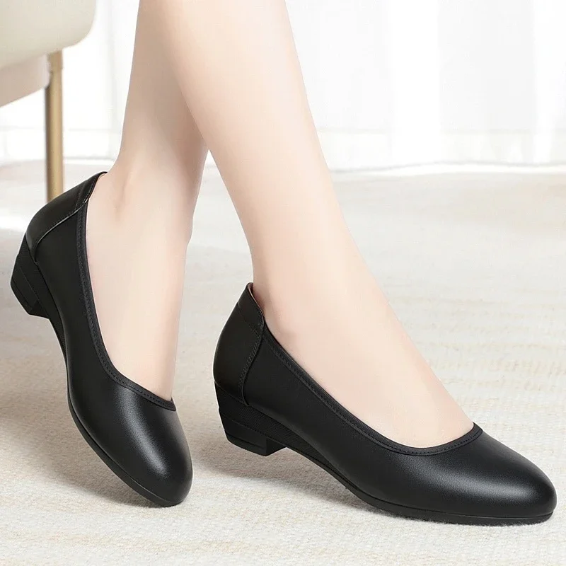 Wedge Heel Single Shoes Round Toe Slip On Comfort Non Slip Soft Sole Office Work Mom Breathable