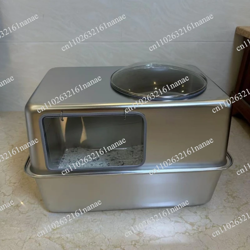 All-Stainless Steel Enclosed Litter Box, Extra-Large Glass “Space Capsule” Box with Splash Guard and Anti-Scatter Design