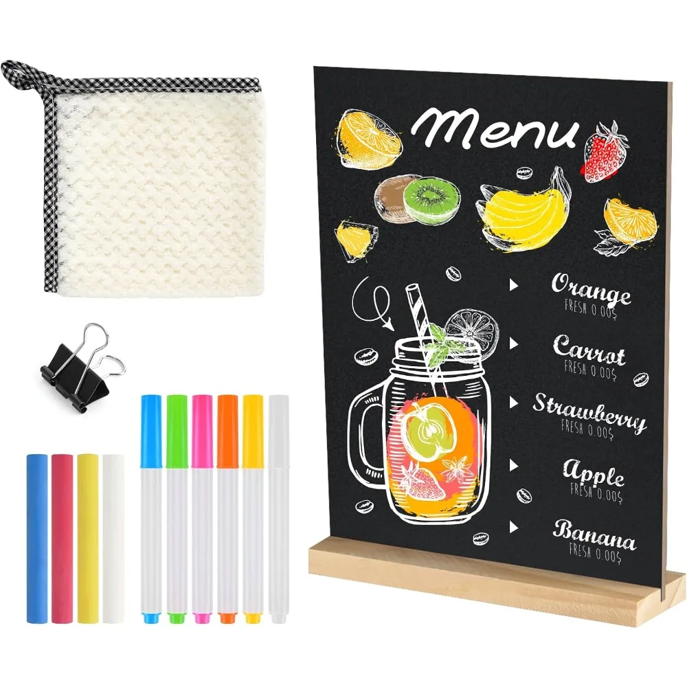 Reusable Double Sided Small Chalkboard Sign for Tabletop with Wooden Base Stand Mini Message Board Menu for Kitchen Restaurant Coffee Shop Bar Wedding Events Party Decoration and Display 5x7.9 Inches
