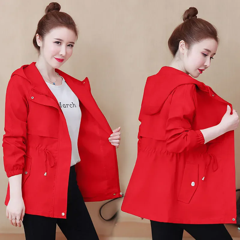 

2025 Spring Autumn New Korean Windbreaker Women Fashion Hooded Mid-Length Zipper Jacket Female Casual Loose Outerwear tide B1201