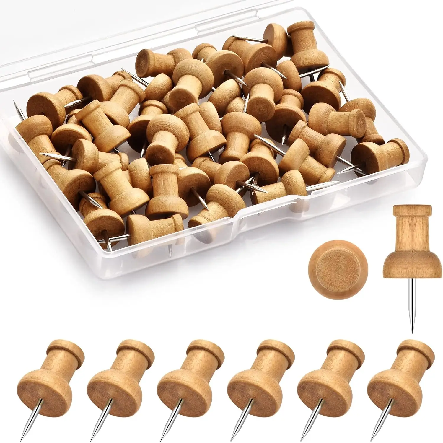 

40pcs Wood Push Pins, Decorative Thumb Tacks for Cork Board, Bulletin Board, Map - Rust-Proof Stainless Steel