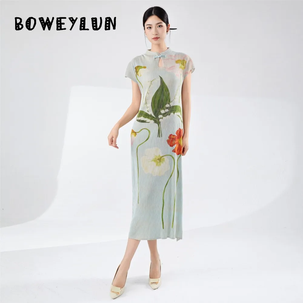 

New Chinese Style Cheongsam Women's Dress Stand Collar Frog Buttons Printed Side Slit Pleated Mid-Length Long Skirt for Women