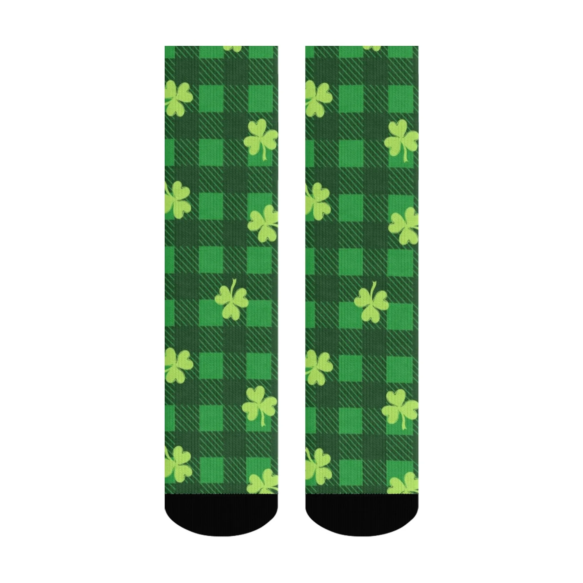 1 Pair Unisex Vintage-Style Lucky Clover Novelty Crew Socks Black with Green Four-Leaf Clover Pattern Funny Fashionable Gift