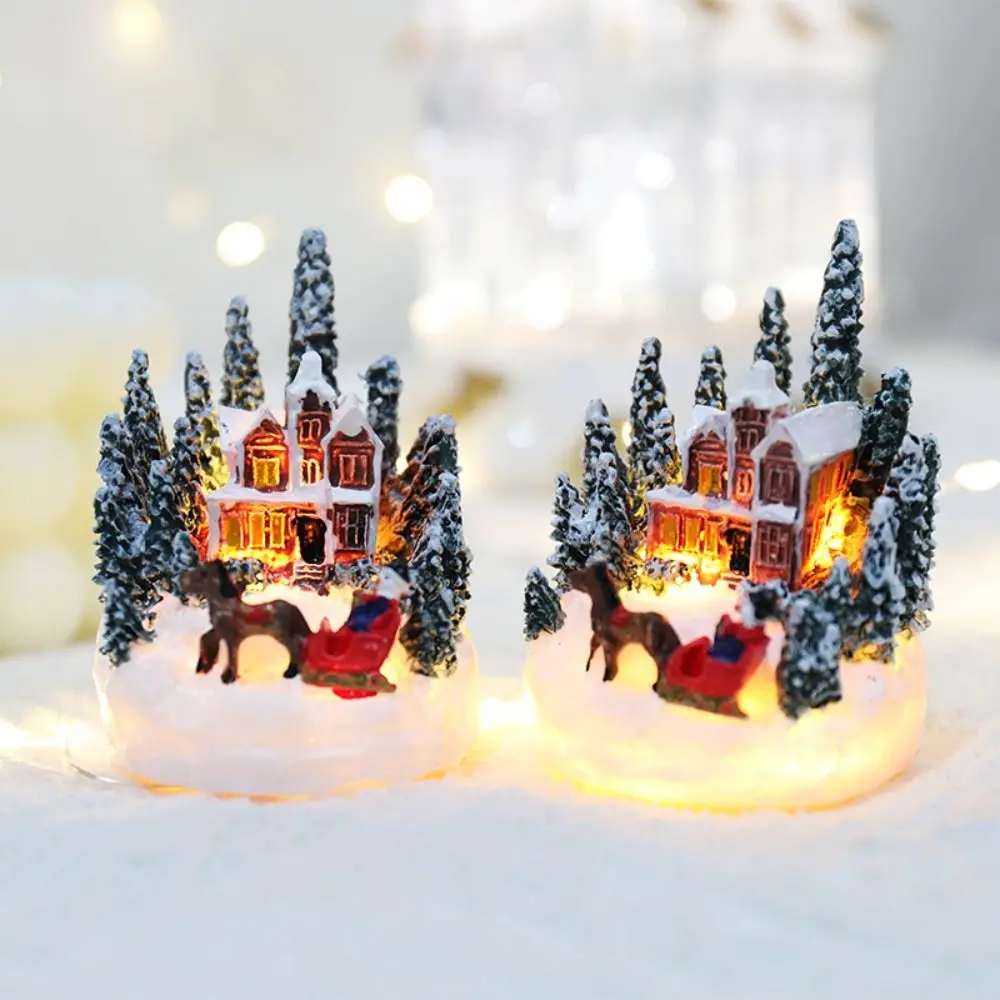 Led Light Christmas Village House Figurines Cartoon Creativity Christmas Town Ornaments Night Lamp DIY Crafts Resin Mini House