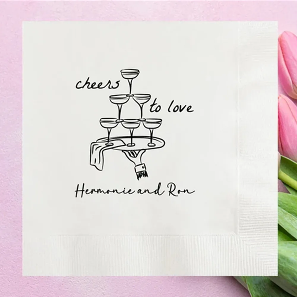 50PCS Personalized Cheers to Love Hand Drawn Glasses Wedding Napkins, Custom Wedding Cocktail Napkins, Engagement Party, Vow Ren