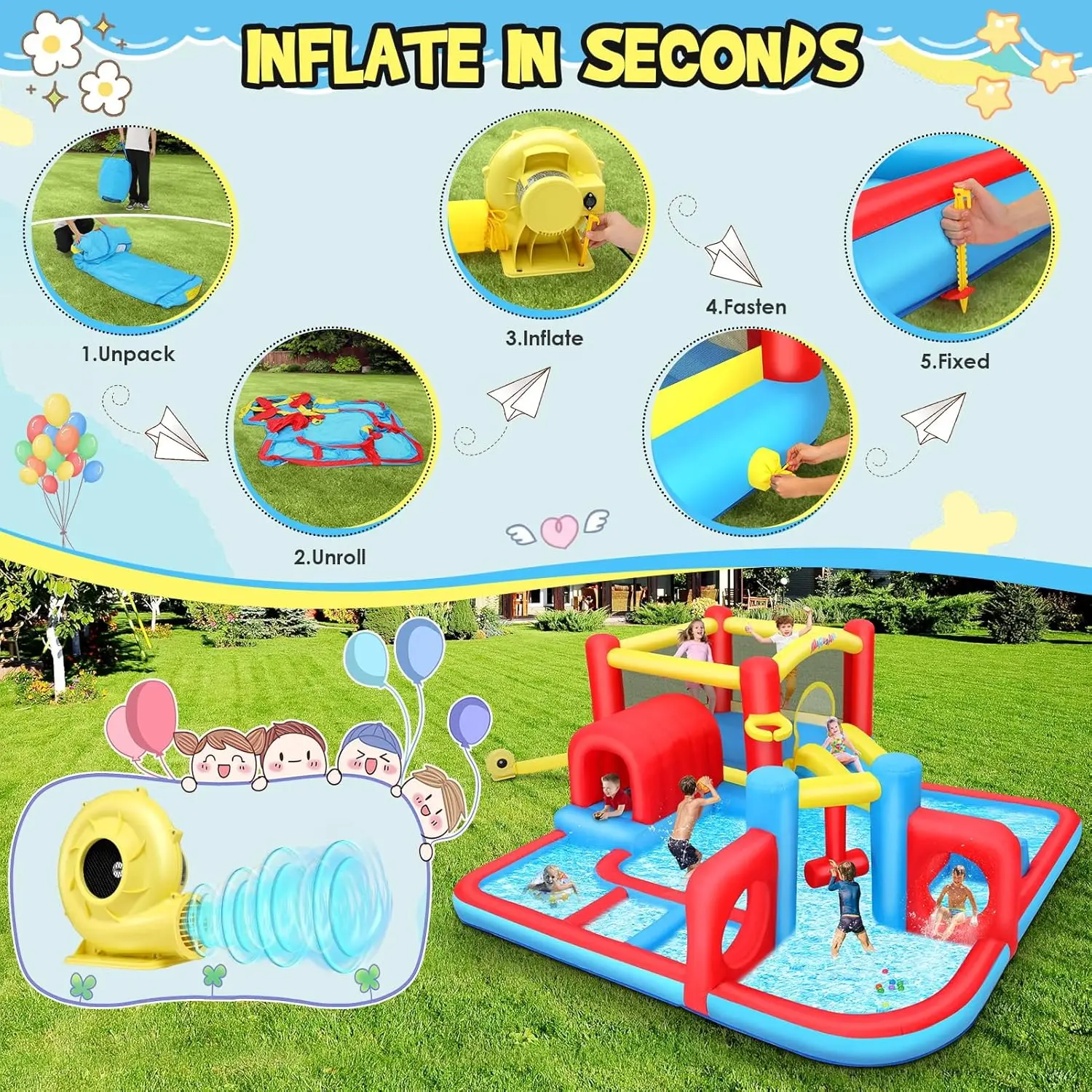 Nadmuchiwana zjeżdżalnia wodna Bounce House, 14,3x14,3 stopy labirynt park wodny tor przeszkód z obszarem skoku, basen plusk, przeszkoda, zjeżdżalnia, poncz