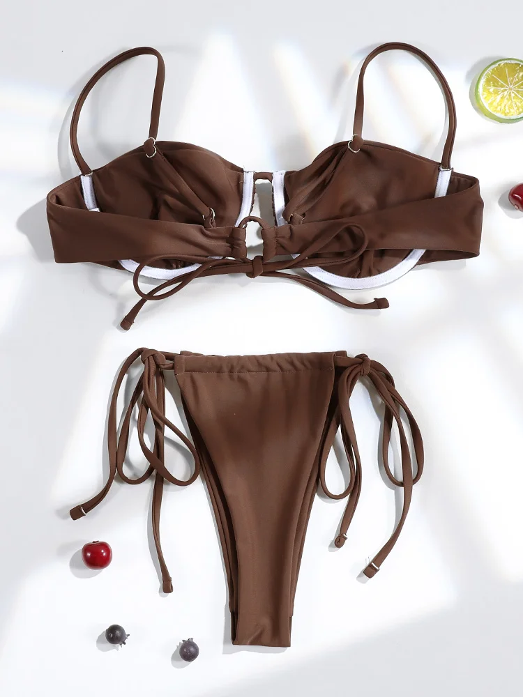 Rinabe Brown Bikini String Bikinis High Cut Swimsuit Bandeau Swimsuits Push Up Swimwear  Three-Piece Bathing Suit view 3