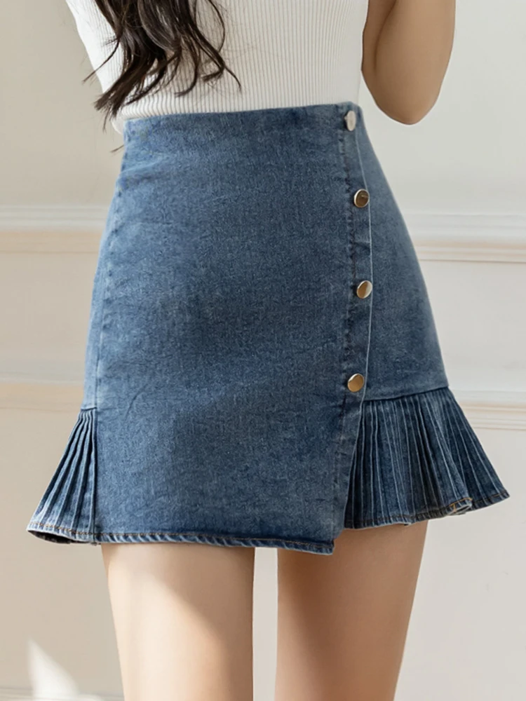 Korean Fashion Ruffles Denim Shorts Skirts Women High Waist Slim Skirts Girls Above Knee Mini Jeans Skirts Buttons Shorts Skirt