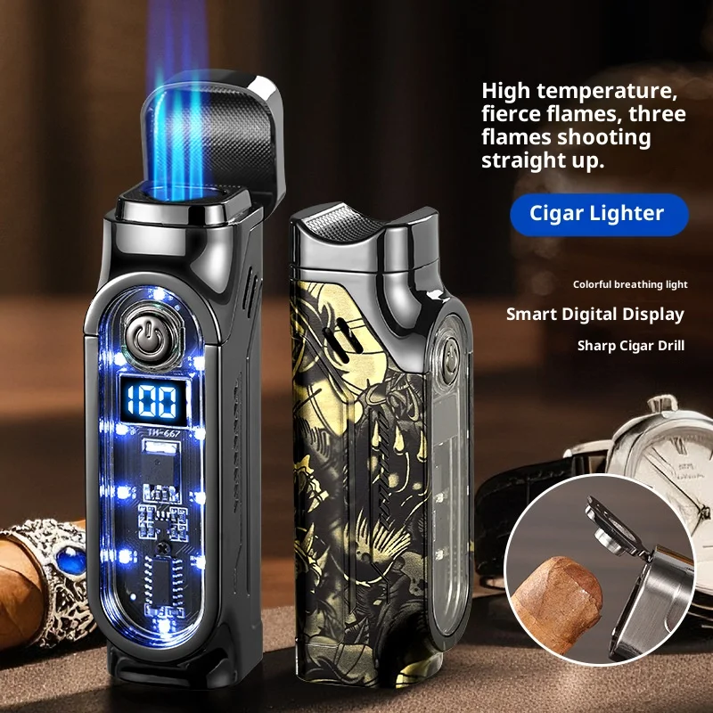 

Cigar Lighter Three-In-One Portable Outdoor Ignition Multi-Function Cigarette Lighter Household Strong Flame Lighter Windproof