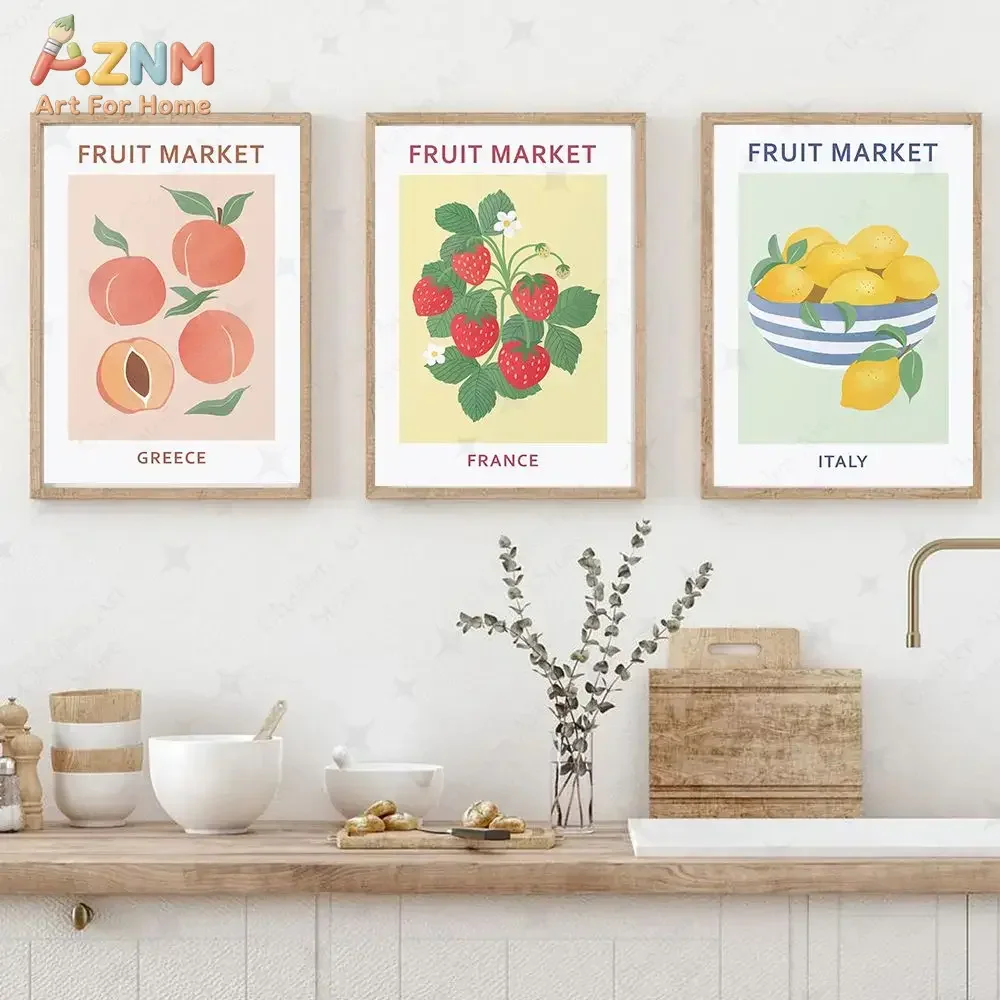 AZNM Fruit Market Botanical Canvas Wall Art, Minimal Peach Strawberry Lemon Retro Food Print Kitchen Home Wall Decor Unframed Pa