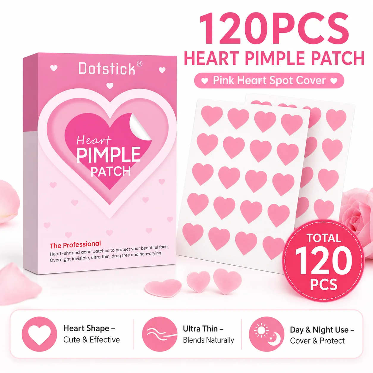 120PCS Pink Heart Pimple Patches Hydrocolloid Acne Spot Stickers Cute Face Blemish Cover Day Night Care view 2