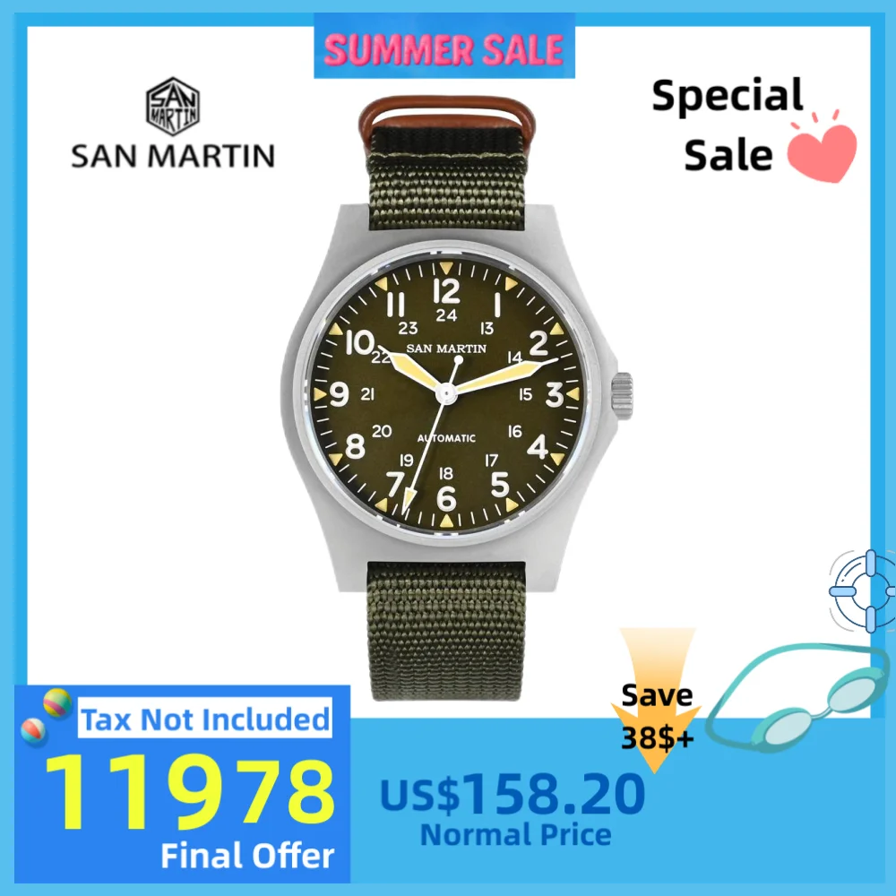 San Martin 38mm NH35 Field Automatic Watches For Men Wrist Watch Clock Mechanical Simple Pilot Waterproof 10ATM Montre SN0137