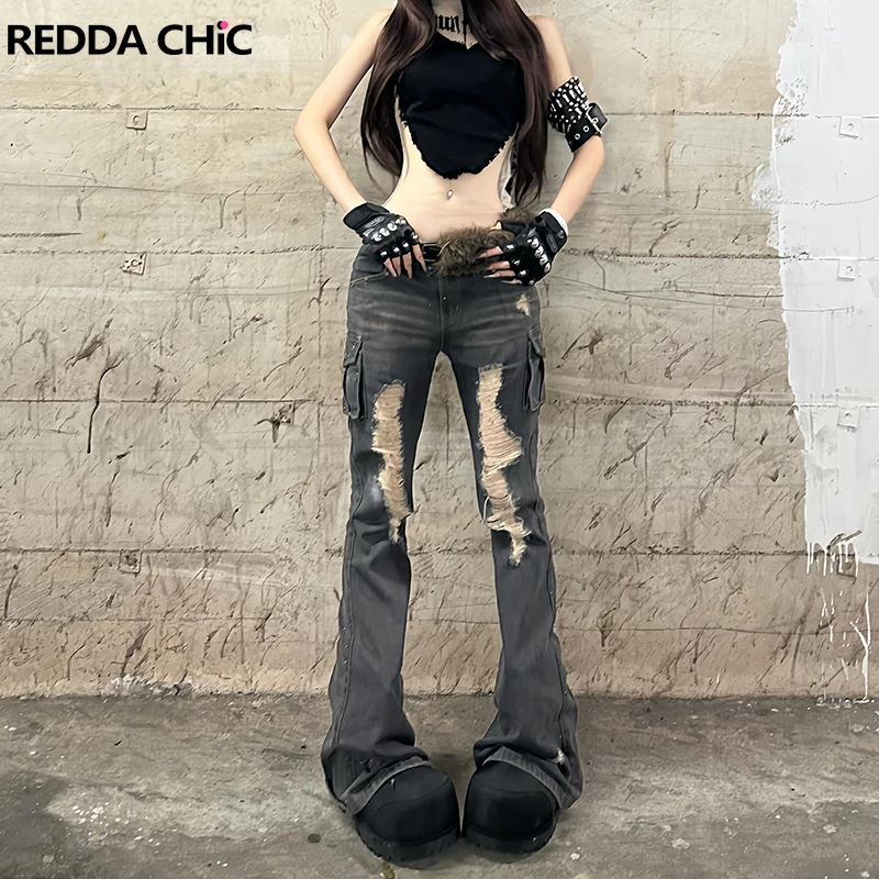 

REDDACHiC Women Destroyed Cargo Jeans Hot Vintage Hiphop Slim Fit Distressed Gray Low Waist Bootcut Jeans Gyaru Y2k Streetwear