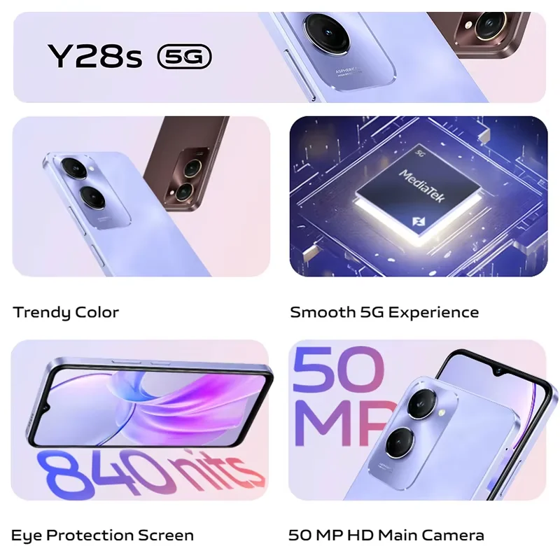 Global Version Vivo Y28s 5G Smartphone 50MP HD Main Camera Dimensity 6300 CPU 5000mAh Battery 6.56inches 90Hz Display