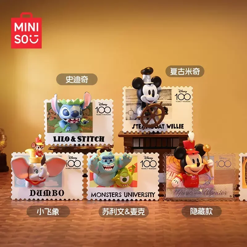 MINISO Disney 100th Anniversary Retro Stamp Blind Box Mickey Mouse Pooh Bear Refrigerator Magnet Children's Toy Birthday Gift