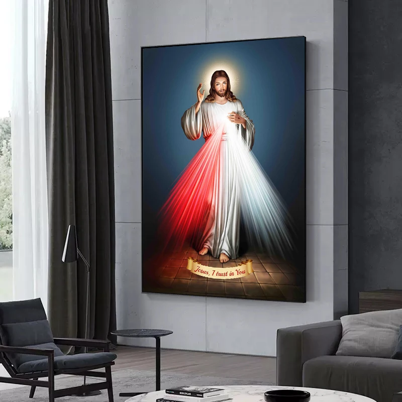 Vintage Glowing Jesus Christ Poster Jesus I Trust In You Quotes Canvas Painting Catholic Christian Living Room Home Decor Mural