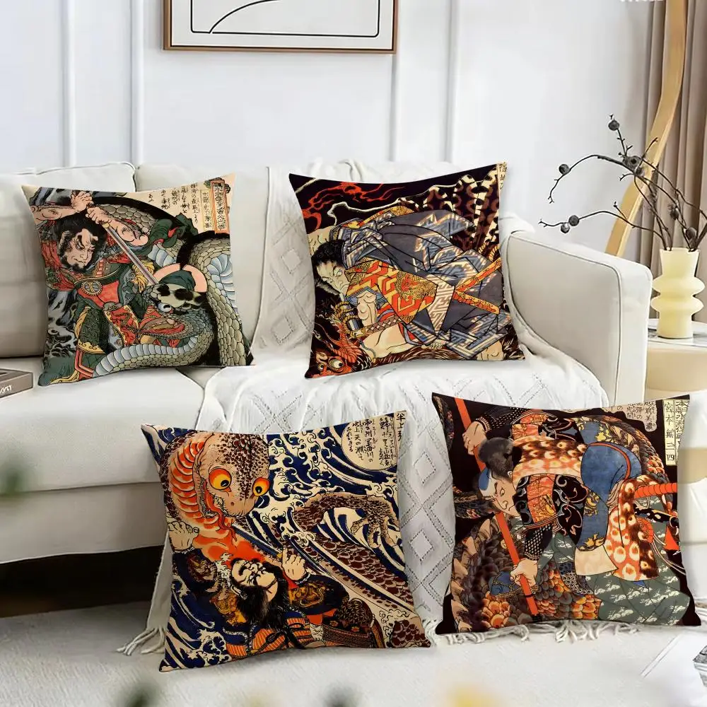 Ukiyo E Japanese Samurai Cushion Cover Pillow Case Short Plush Print Cushion Cover Square Throw Pillow Covers Sofa Home Decor