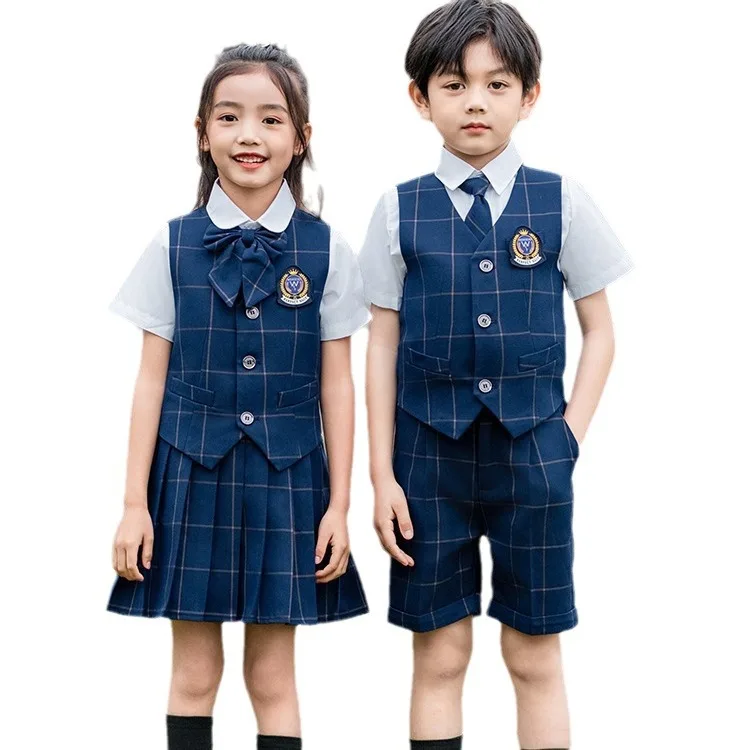 Summer Boys Girls British Format School Uniform Twins Kindergarten Vest Shirt Pant/Skirt Sets Kids Graduation Ceremony Dress