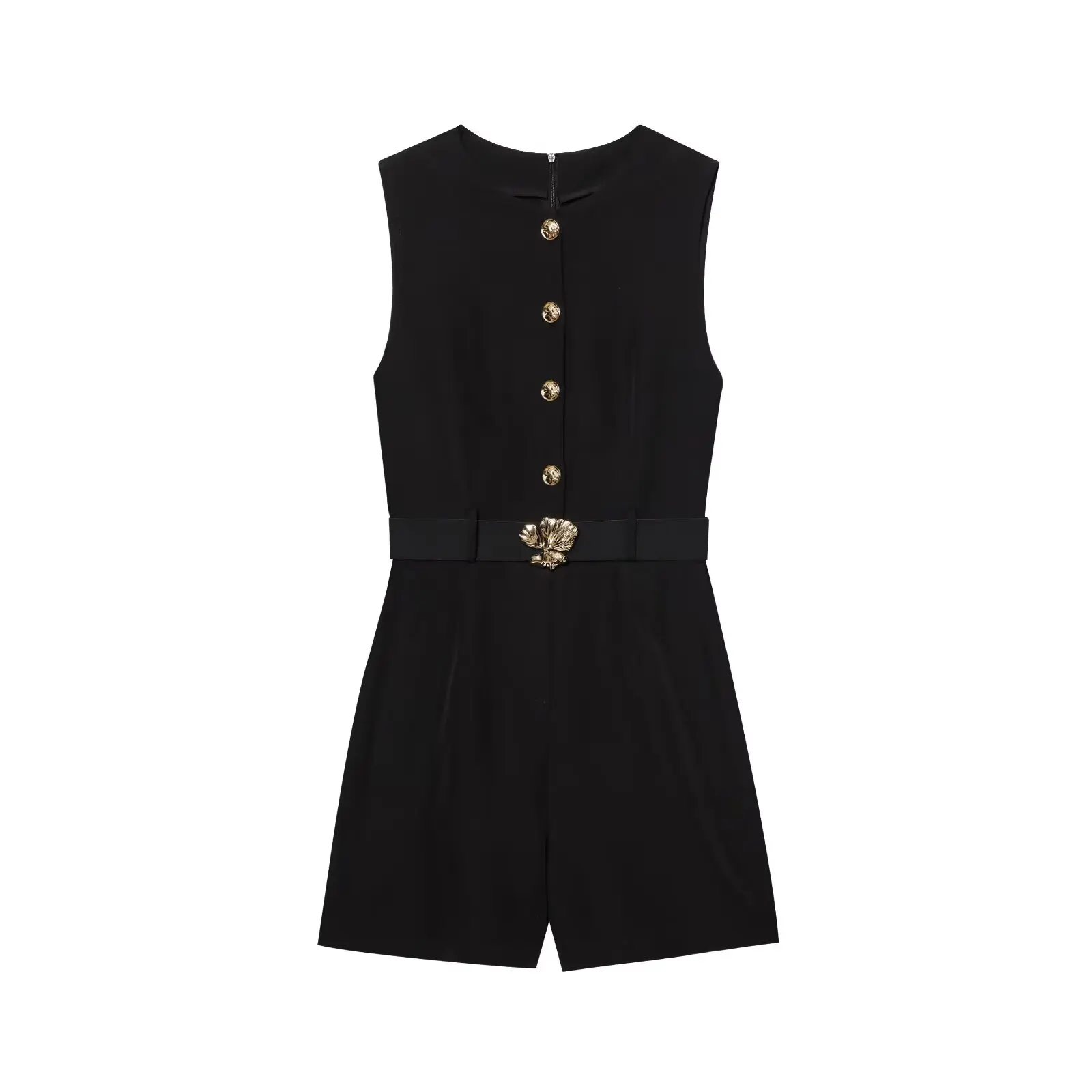 

Black Jumpsuit Women With Belt Sleeveless Single Breasted Zipper Playsuit Female 2025 New Summer High Street Casual Jumpsuits