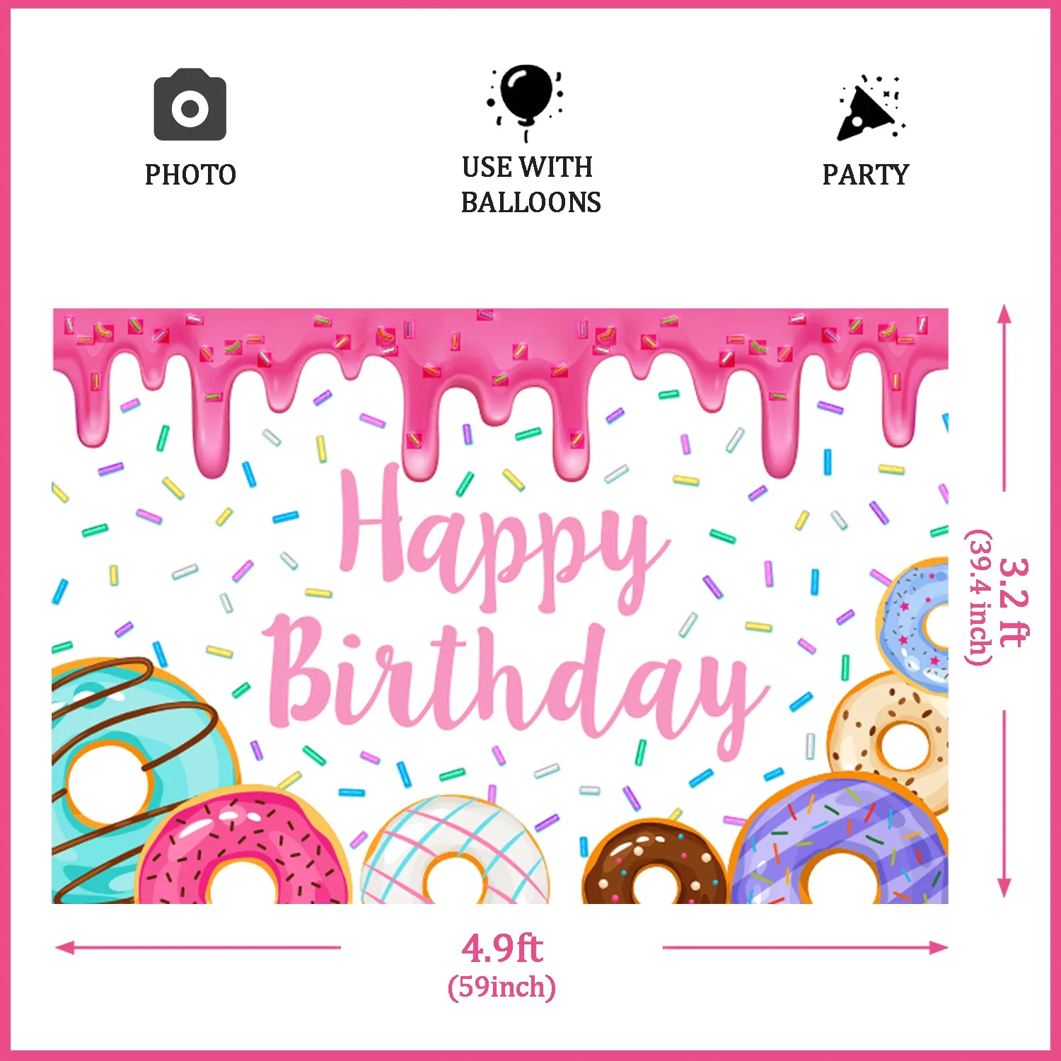 Kreatwow-Girls' Birthday Party Decoration, Donut Background, Donut Theme, Happy Birthday Party Decoration