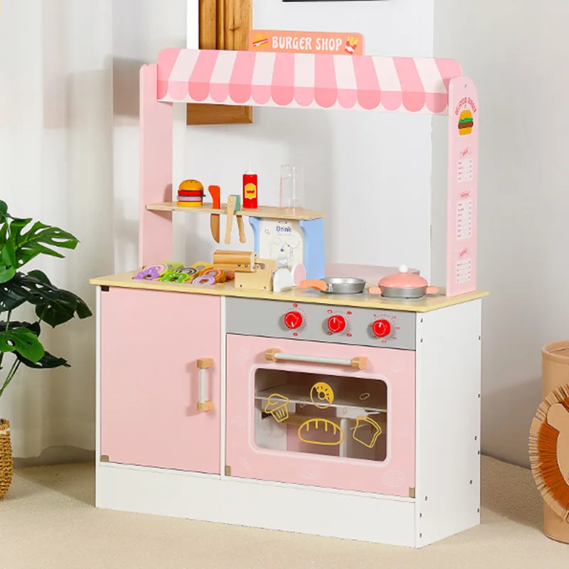 Children Wooden Play House Simulation to Make Hamburger Cake Chichiale Drink Kiosk Simulation Store