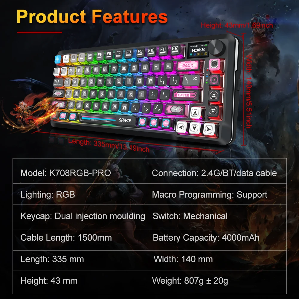 REDRAGON FLEKACT K708 PRO RGB USB Mechanical Gaming Keyboard 82 Keys Support Bluetooth wireless 2.4G Wired for Gamer Computer PC