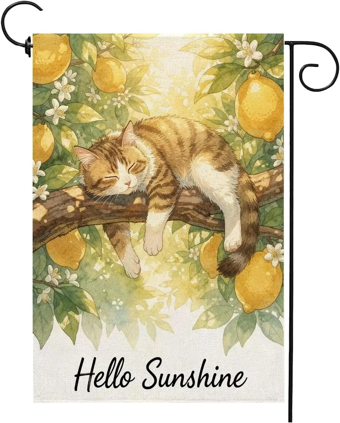 Hello Sunshine Summer Cat Garden Flag 12x18 Inch Double Sided Seasonal Holiday Lemon Tree Burlap Yard Outdoor Decorations ZZM