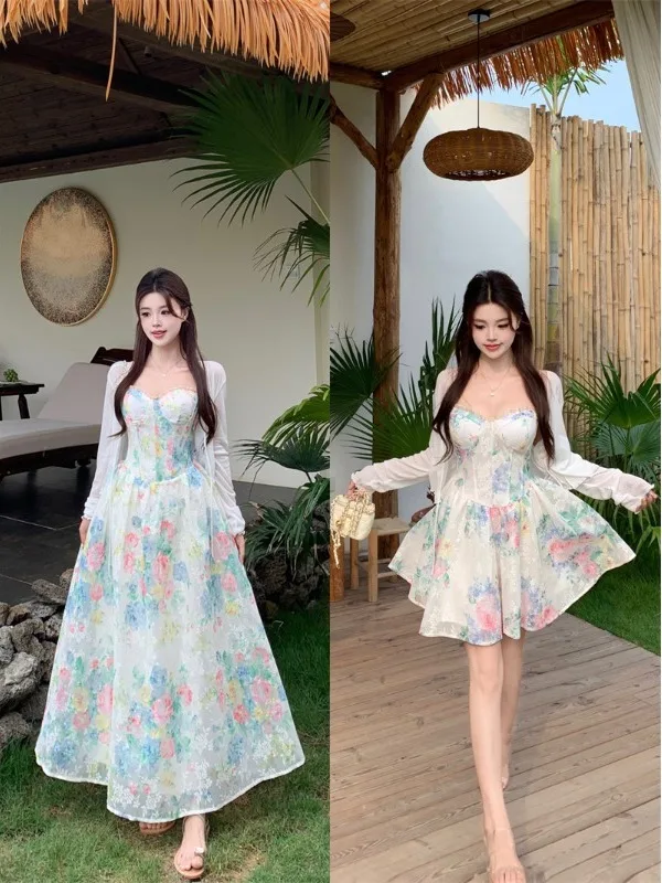 

Floral Print Off-Shoulder Dress Women's plus Size Summer Vacation Casual Loose Fit Breathable V-Neck Long Sleeve Maxi Dress
