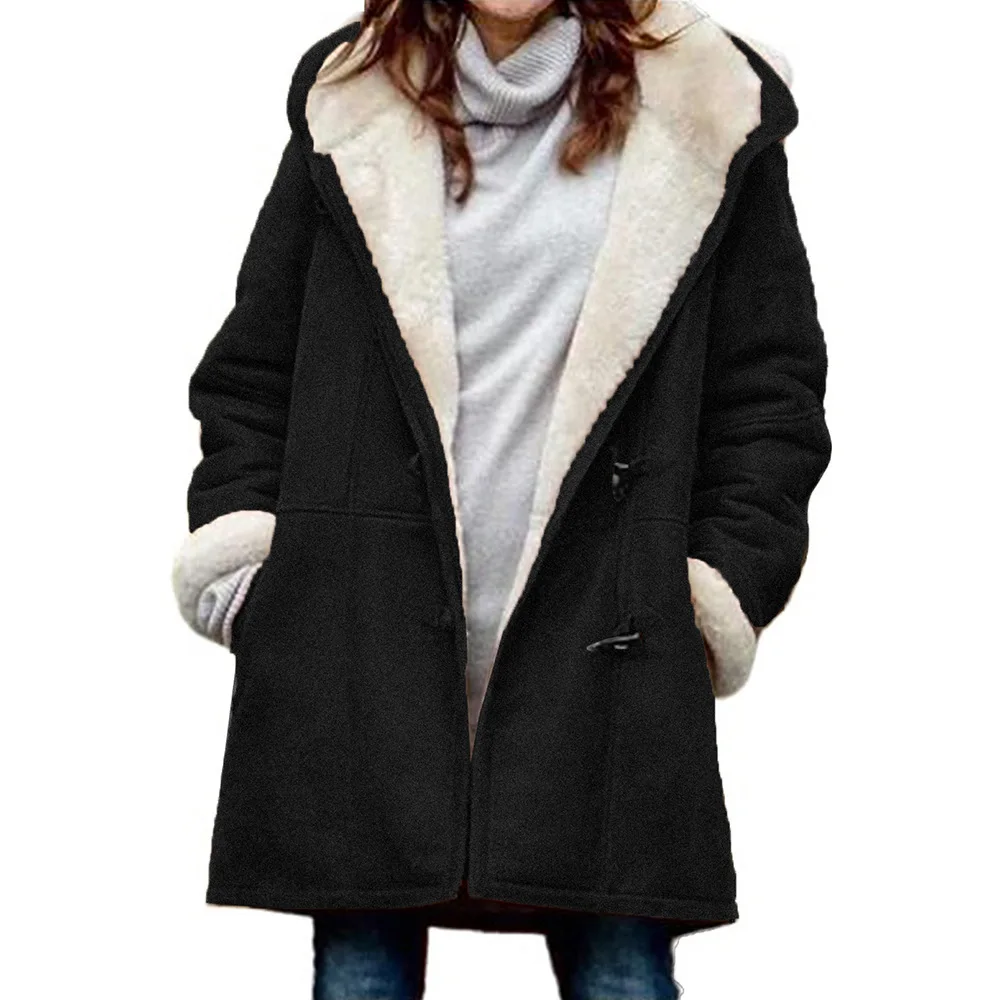 Cappotto da donna autunno inverno a maniche lunghe con fibbia in corno giacca calda in pile da donna con cappuccio