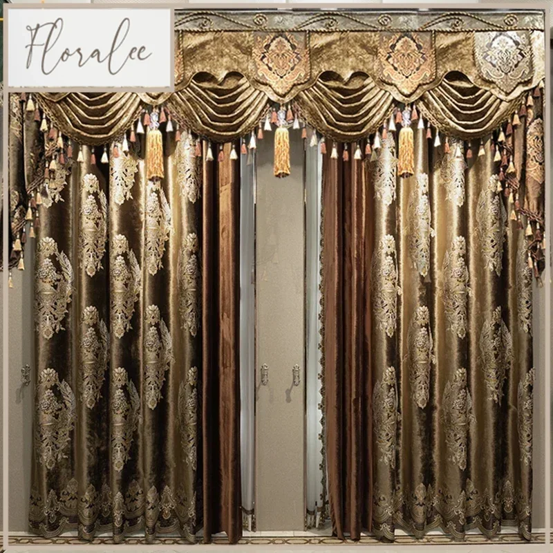 

2025 New European-style High-end Velvet Jacquard Stitching Thickened Blackout Curtains For Living Room Bedroom Villa Finished