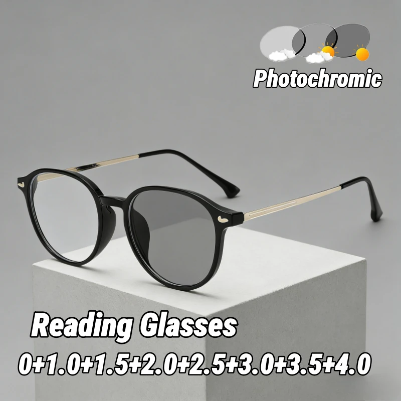 

Large-Frame Round Photochromic Presbyopia Glasses Metal-Temple High-Definition Blue Light Blocking Turn Grey Reading Glasses