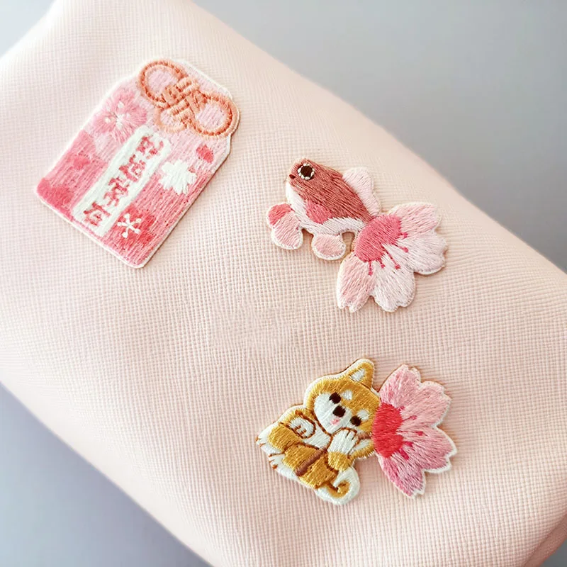 Cute Shia Cherry Kitty Embroidery Patches for Bag Jeans Pink Fish Wish Pocket Iron On Patches for Clothes Small Glue Patches 