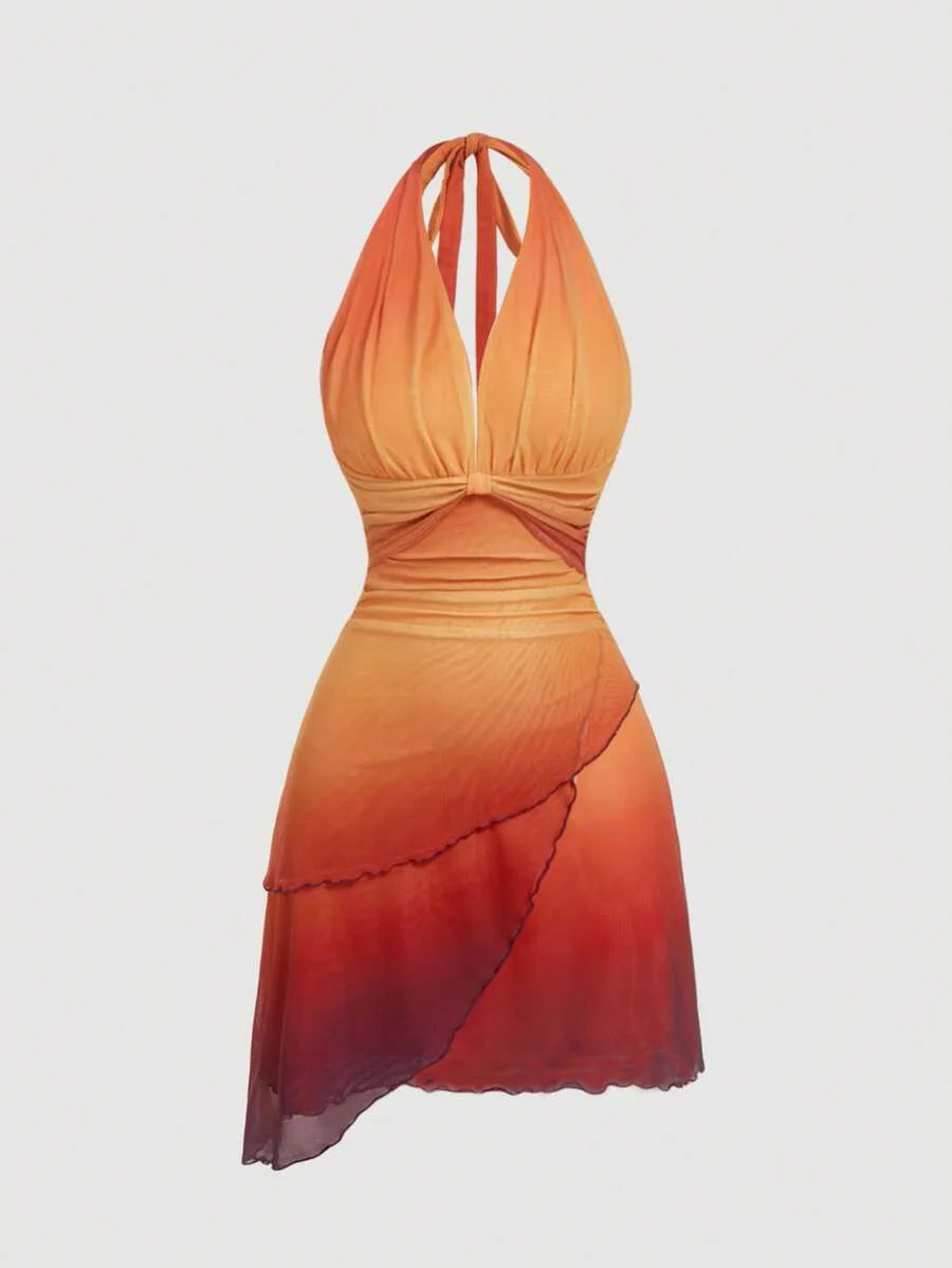Gradient Bow Tie Strap Asymmetrical Backless Spaghetti Strap Dress