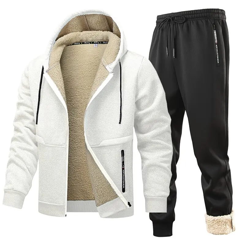 

Winter Fashionable Solid Color Plus Velvet Thick Warm Hoodie Set for Men's Casual Loose Sports High Quality Large Two piece Set